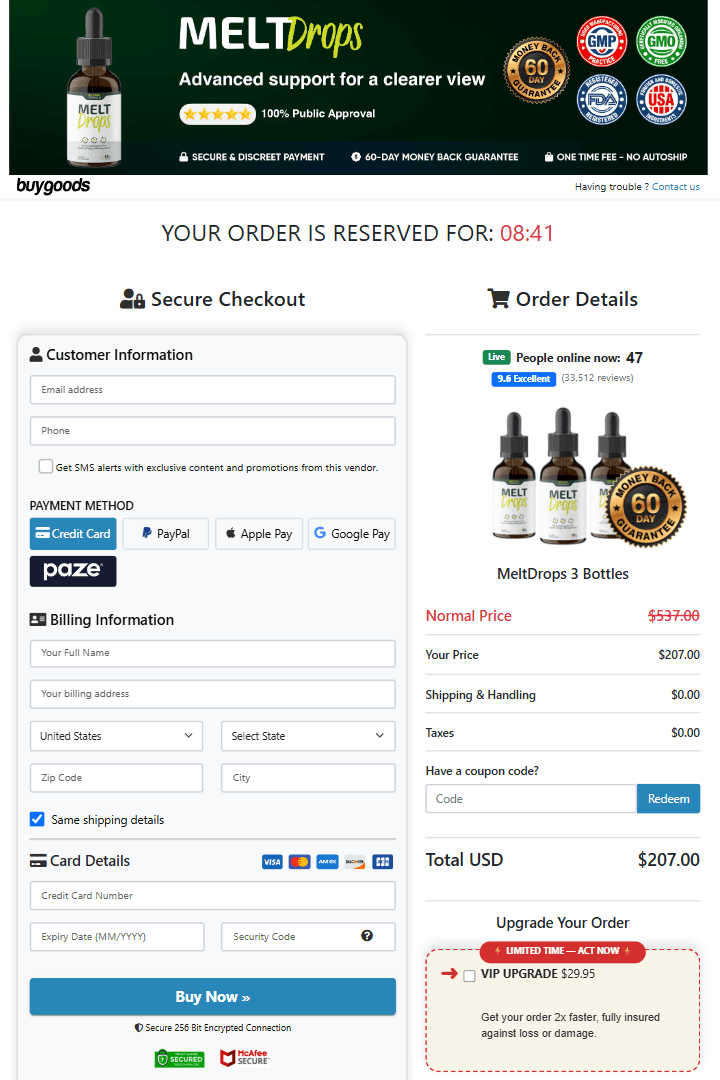Melt Drops order page
